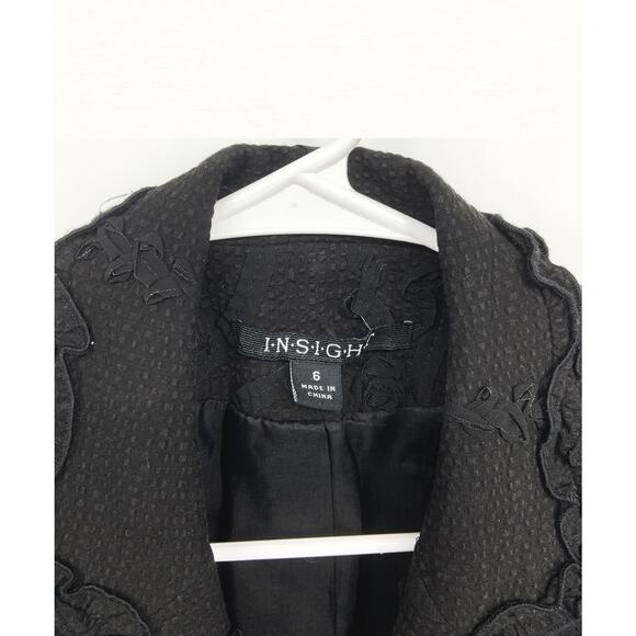 Womens Insight Black Ruffled Cotton Blazer Floral Embroidered 2 Buttons Size 6 - Picture 3 of 7
